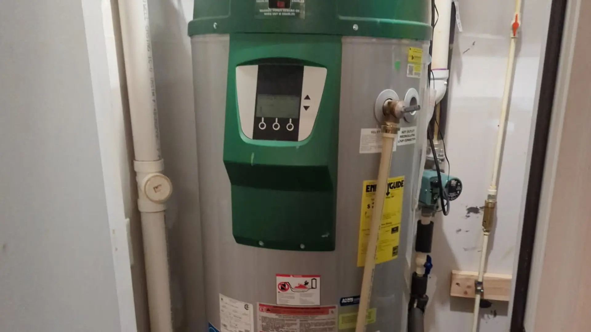 A.O. Smith Vertex high-efficiency gas water heater in a utility closet