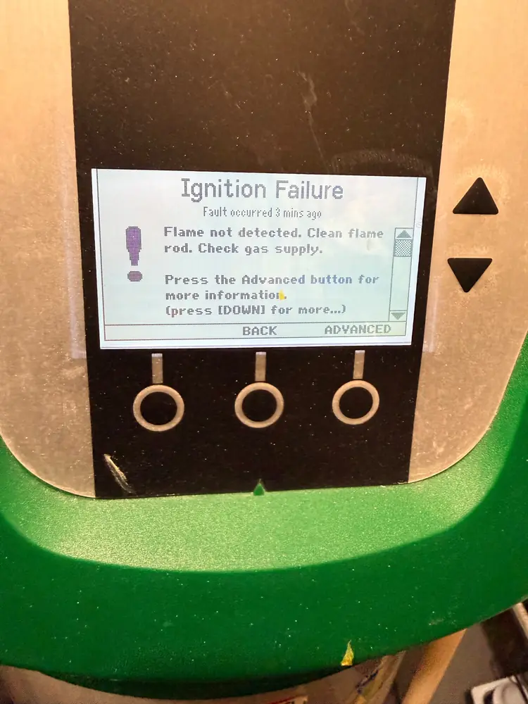 A.O. Smith Vertex water heater display showing an ignition failure message