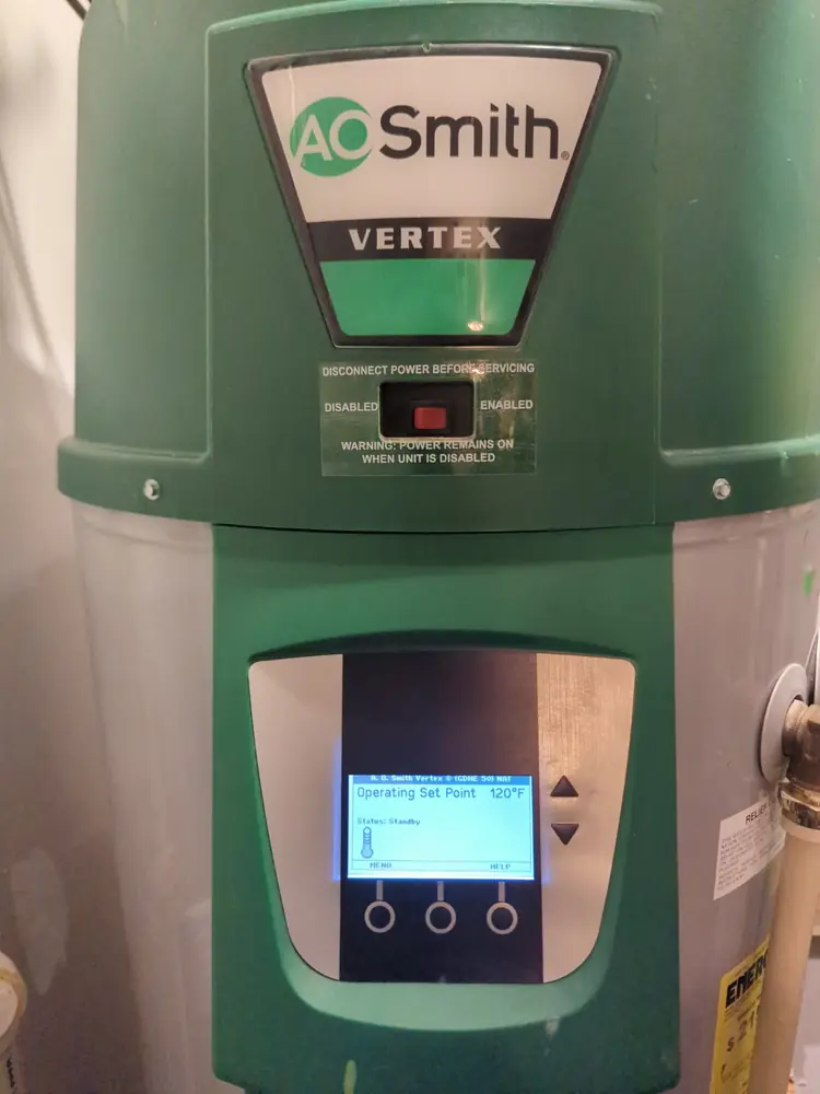 A.O. Smith Vertex water heater display showing normal operation at 120 degrees