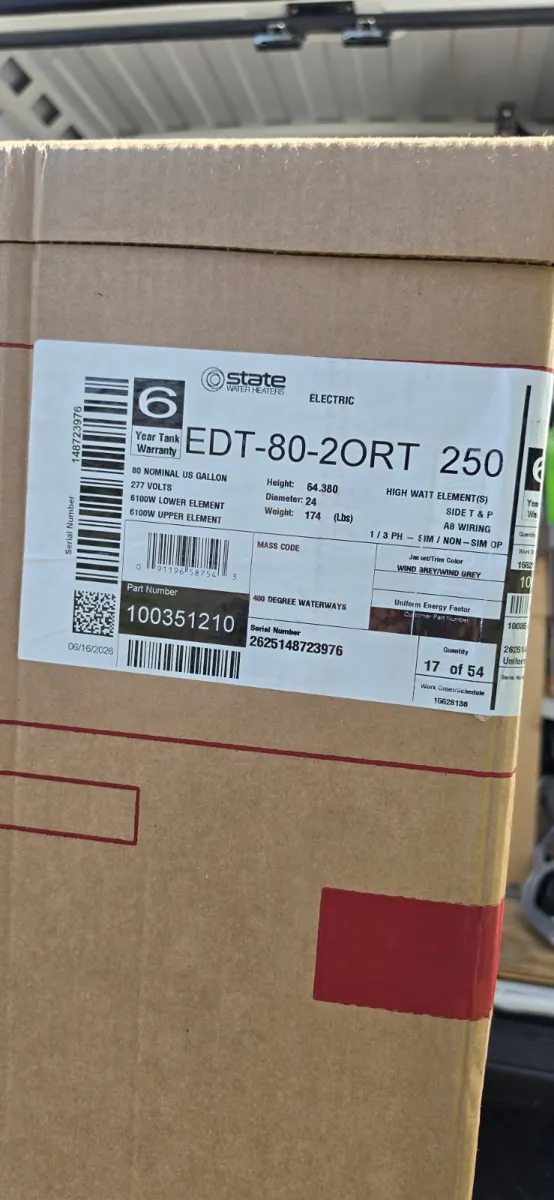 Box label for a State electric water heater, model EDT-80-2ORT 250, 80 gallons, 6-year tank warranty