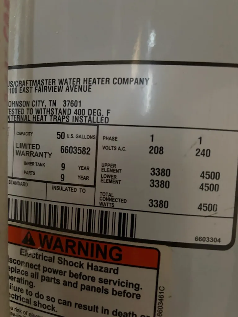 Rating label on a 50-gallon electric water heater showing 240-volt, 4,500-watt elements